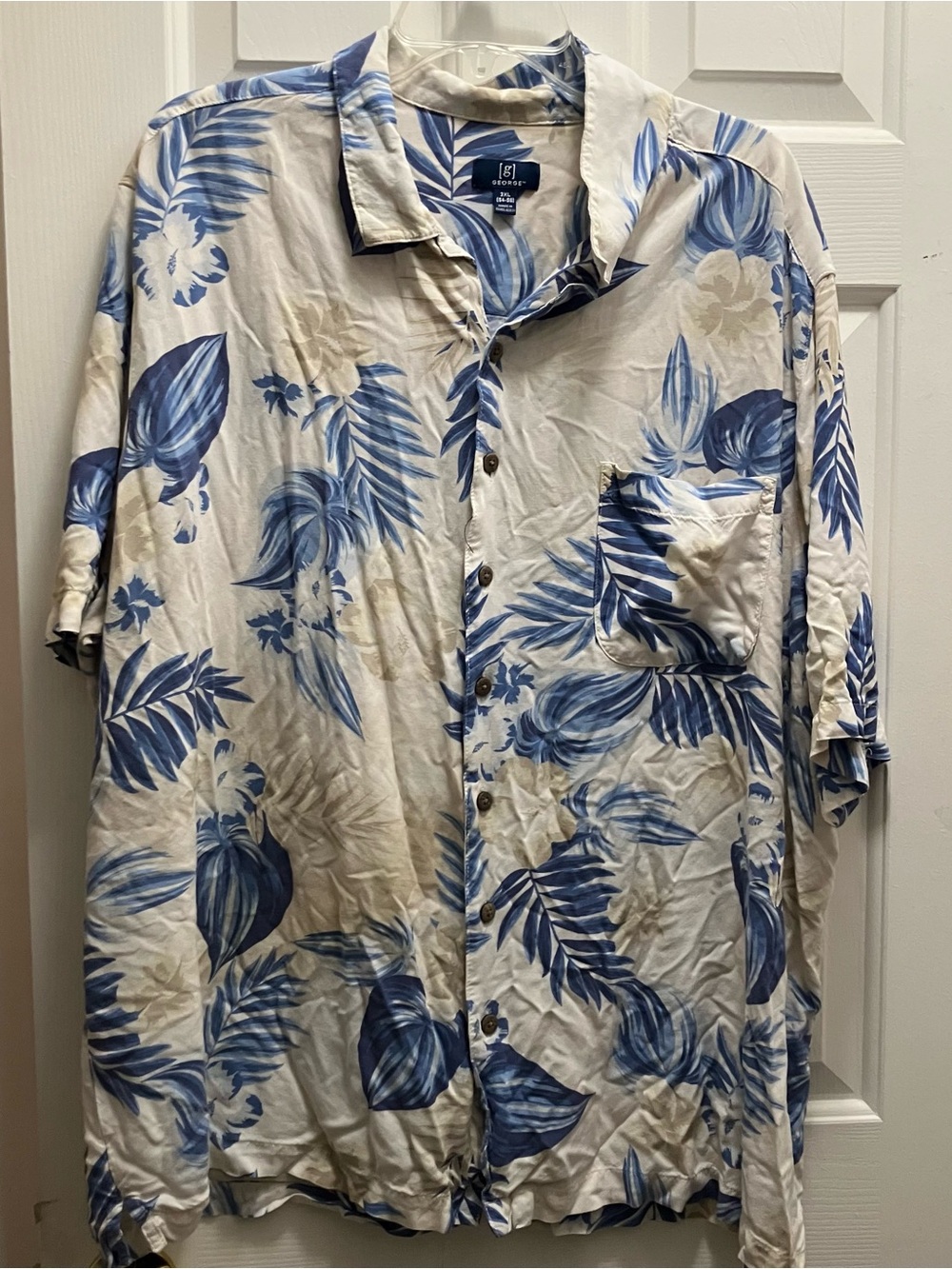 George Shirt Men 3X White Blue Floral Hibiscus Button Up Rayon Hawaiian